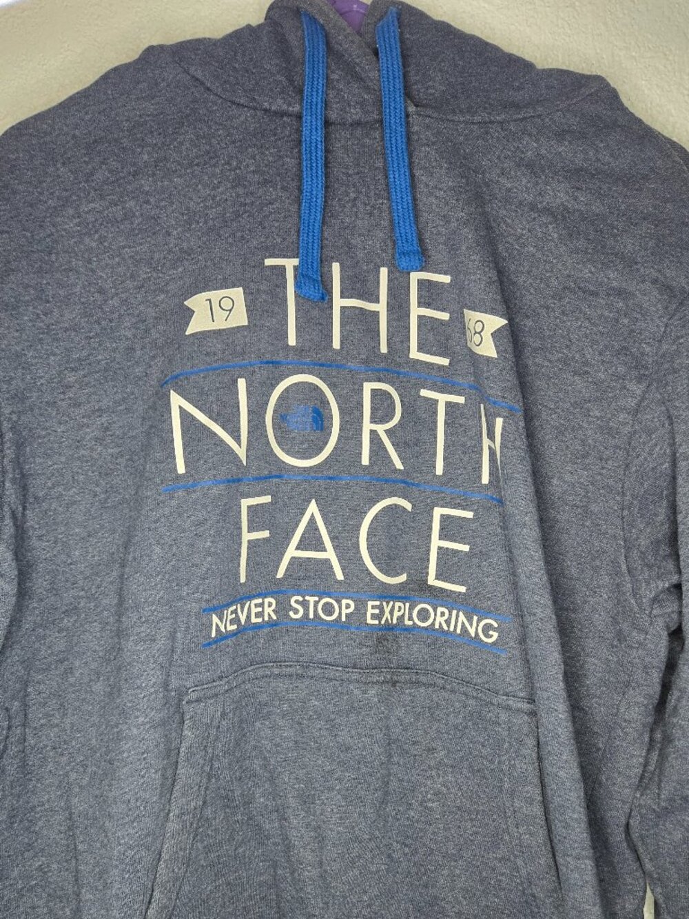 The North Face Hoodie Mens Medium Blue Gray Pullover Fleece Never Stop Exploring